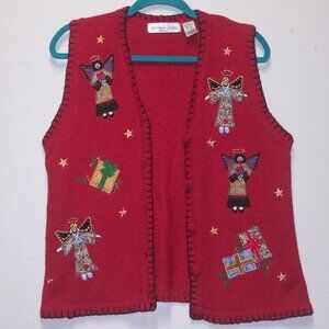 Victoria Jones Christmas Sweater Vest Red Angels Gift boxes Sz PL textured EUC